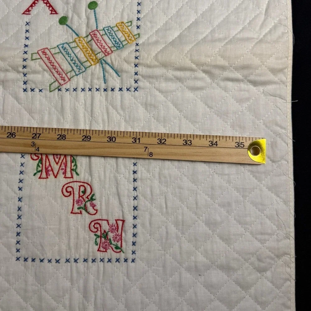 Vintage Bucilla Alphabet Quilted Crib Cover and Bibs Set Hand Embroidered 70s